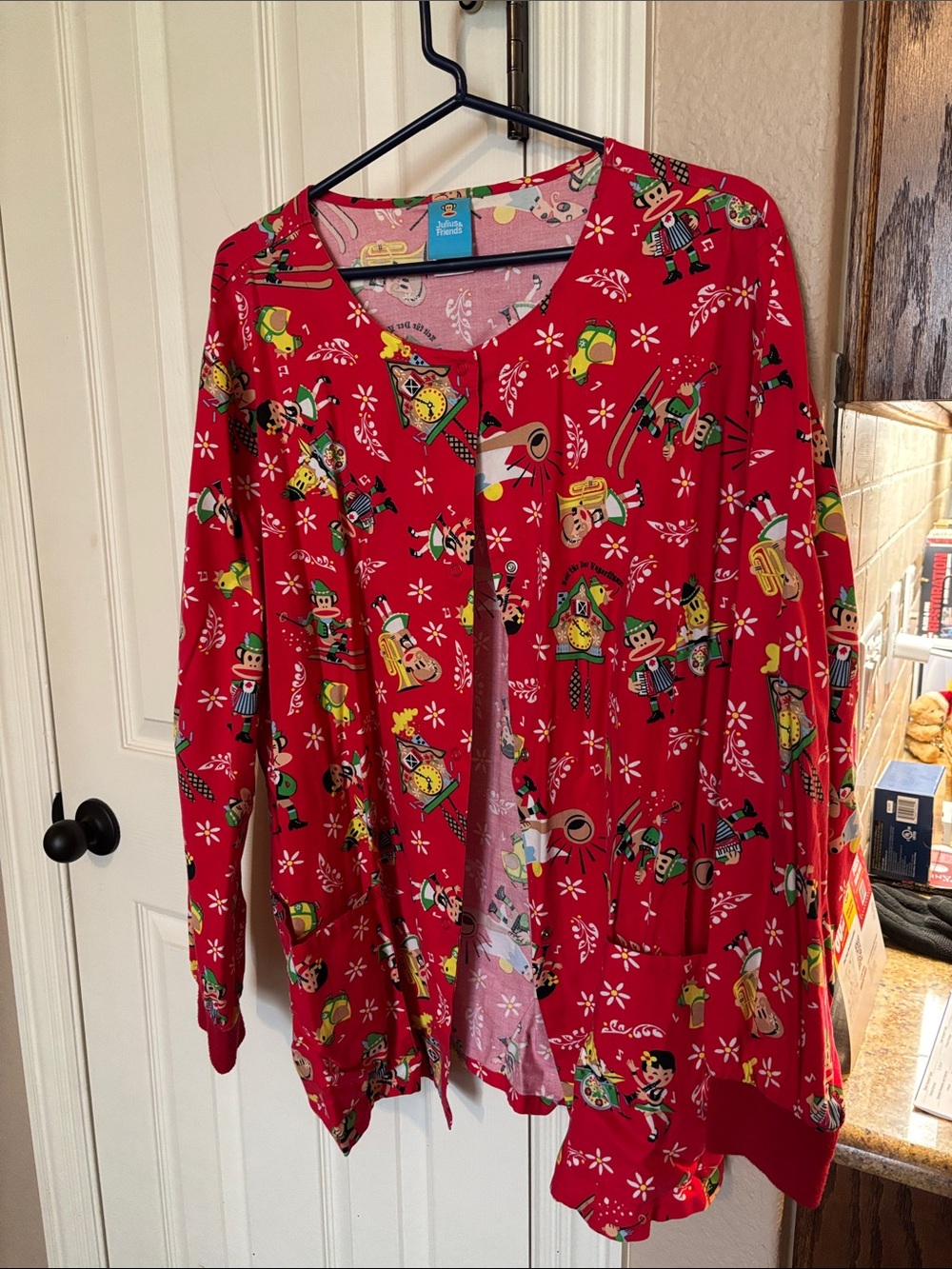 Red Nutcracker Print Button-Front Scrub jacket